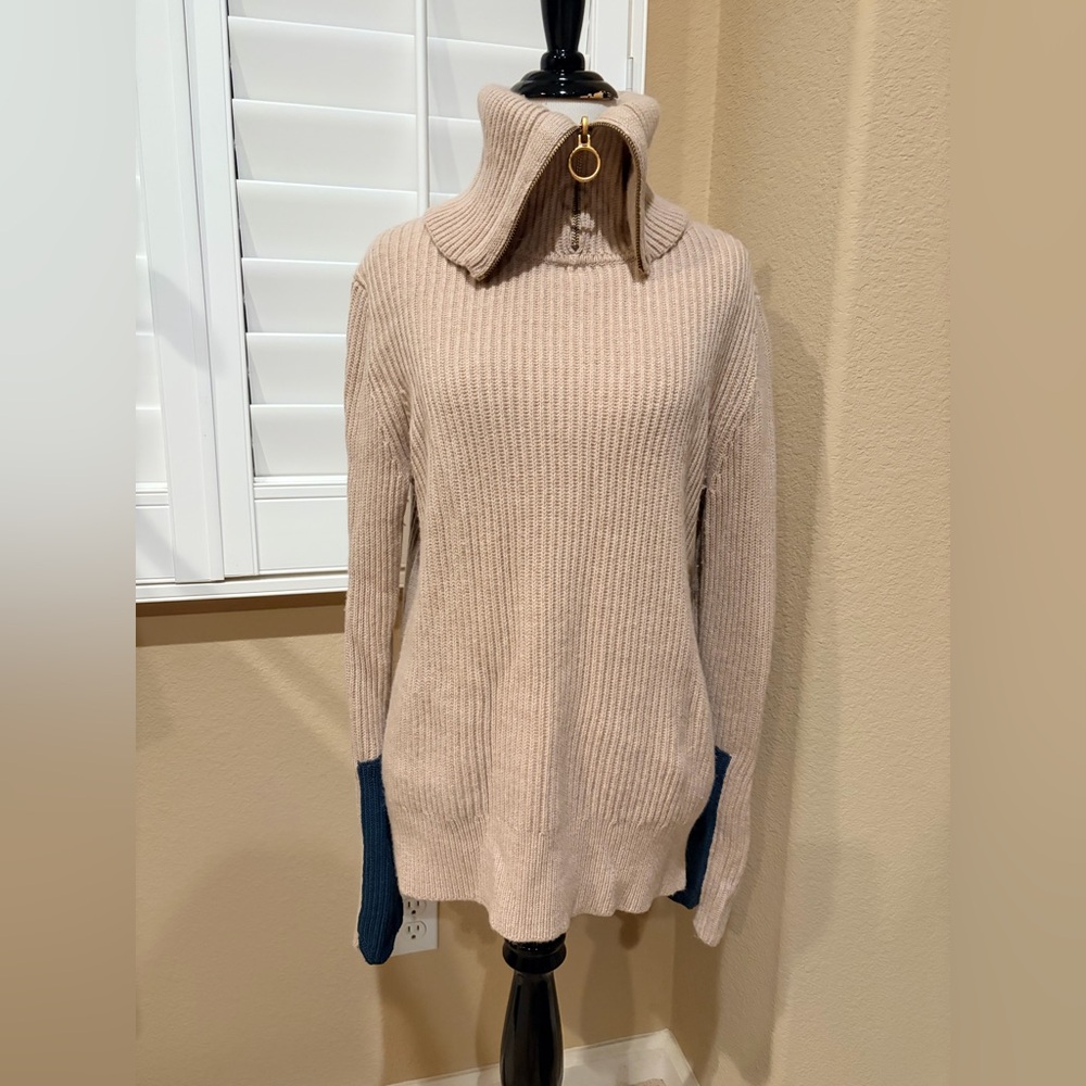 Tory Burch Beige and Blue Cowl Neck Sweater
